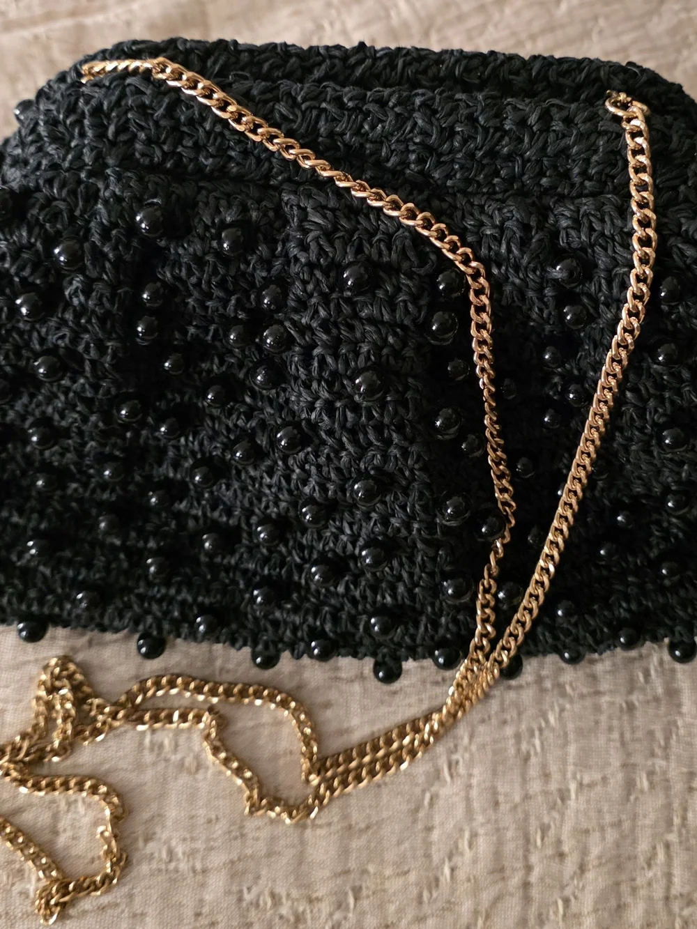 ANTHROPOLIGIE Black Beaded Crochet Crossbody Bag with Gold Chain